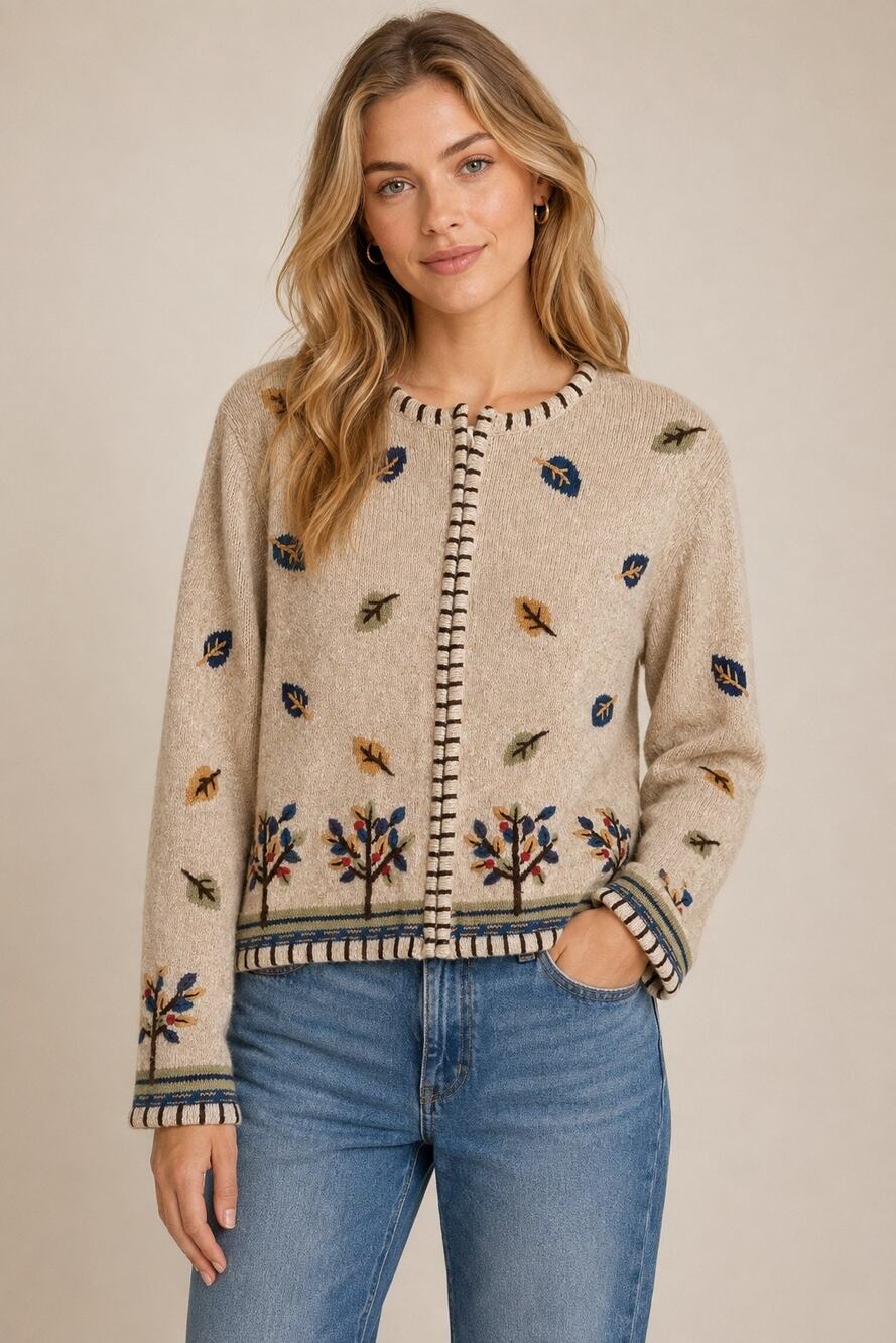 Christopher & Banks Hand Embroidered Fall Trees Leaves Zip Cardigan Sweater M